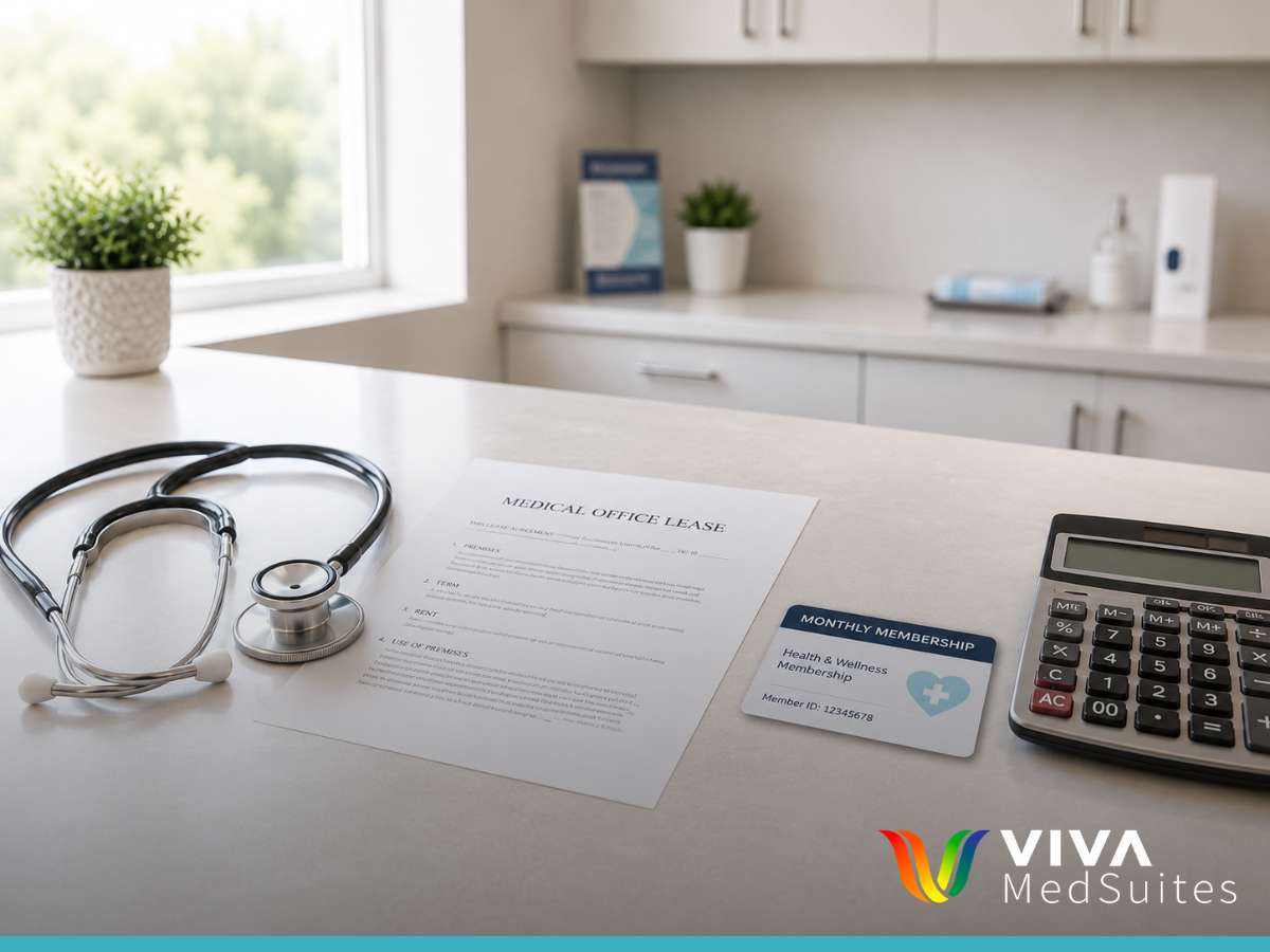 Comparing telemedicine compliance address options: lease document vs. monthly membership on a medical office desk