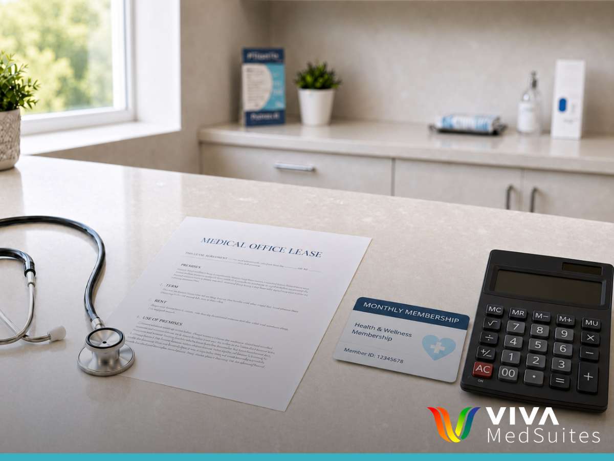 Comparing telemedicine compliance address options: lease document vs. monthly membership on a medical office desk