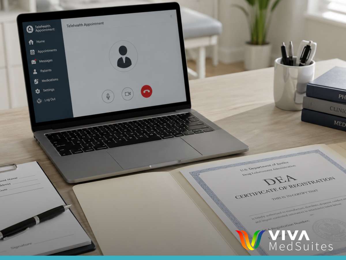 Telemedicine provider's desk with prescription pad and DEA registration documents