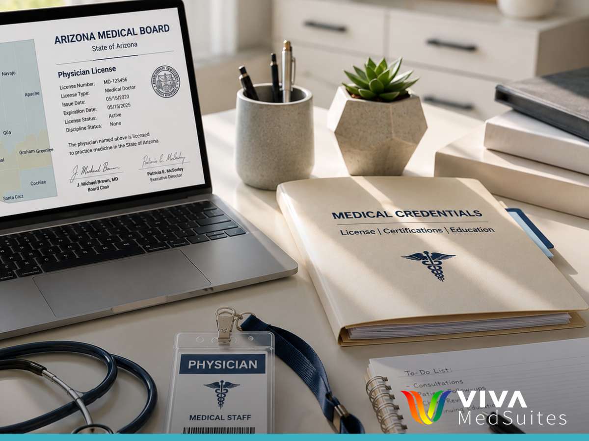 Workspace showing Arizona multi-state telemedicine license and medical credentials