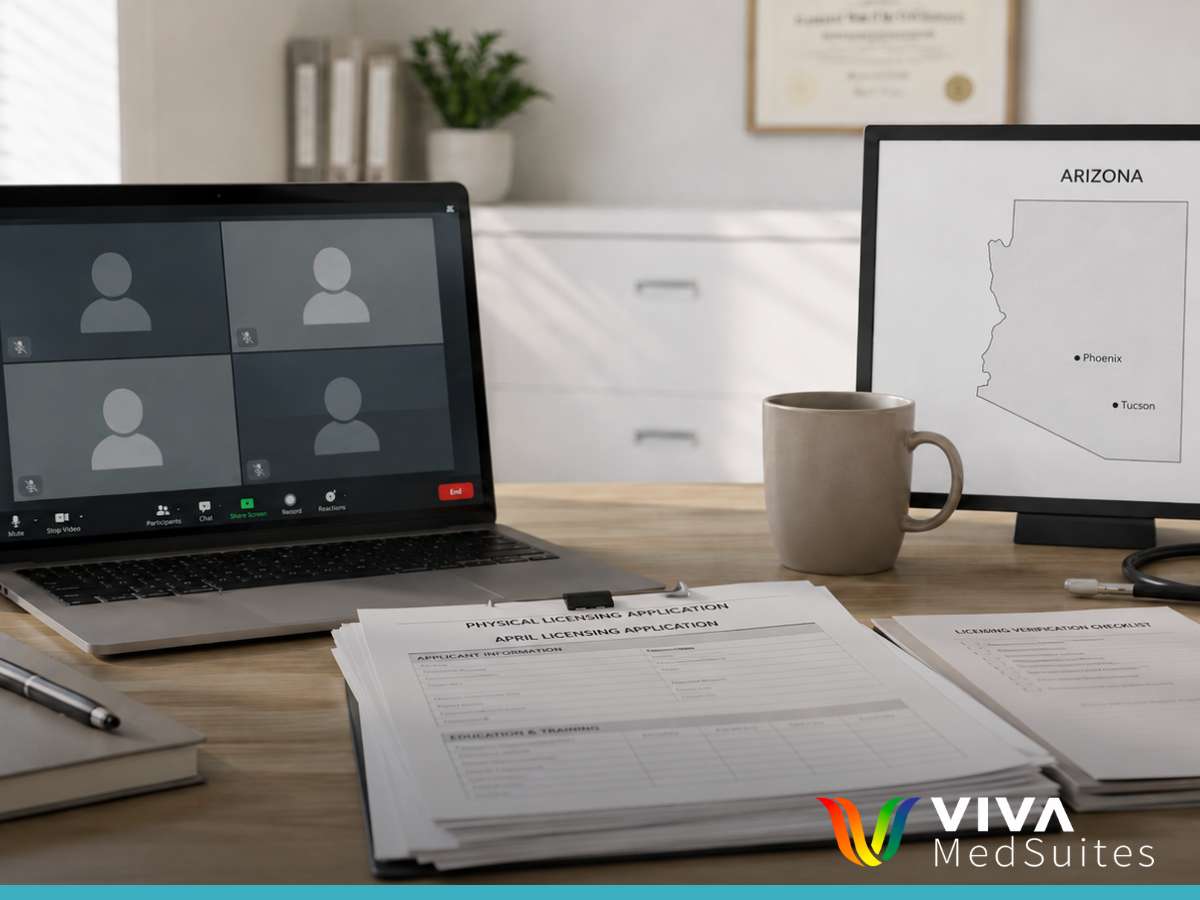 Telemedicine provider's desk with laptop and licensing documents for multi-state practice