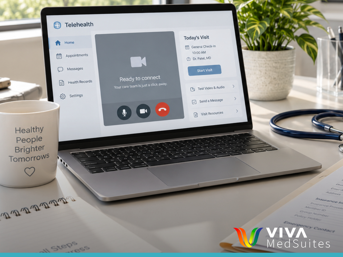Laptop with telehealth window and Medicare enrollment forms on a bright medical office desk