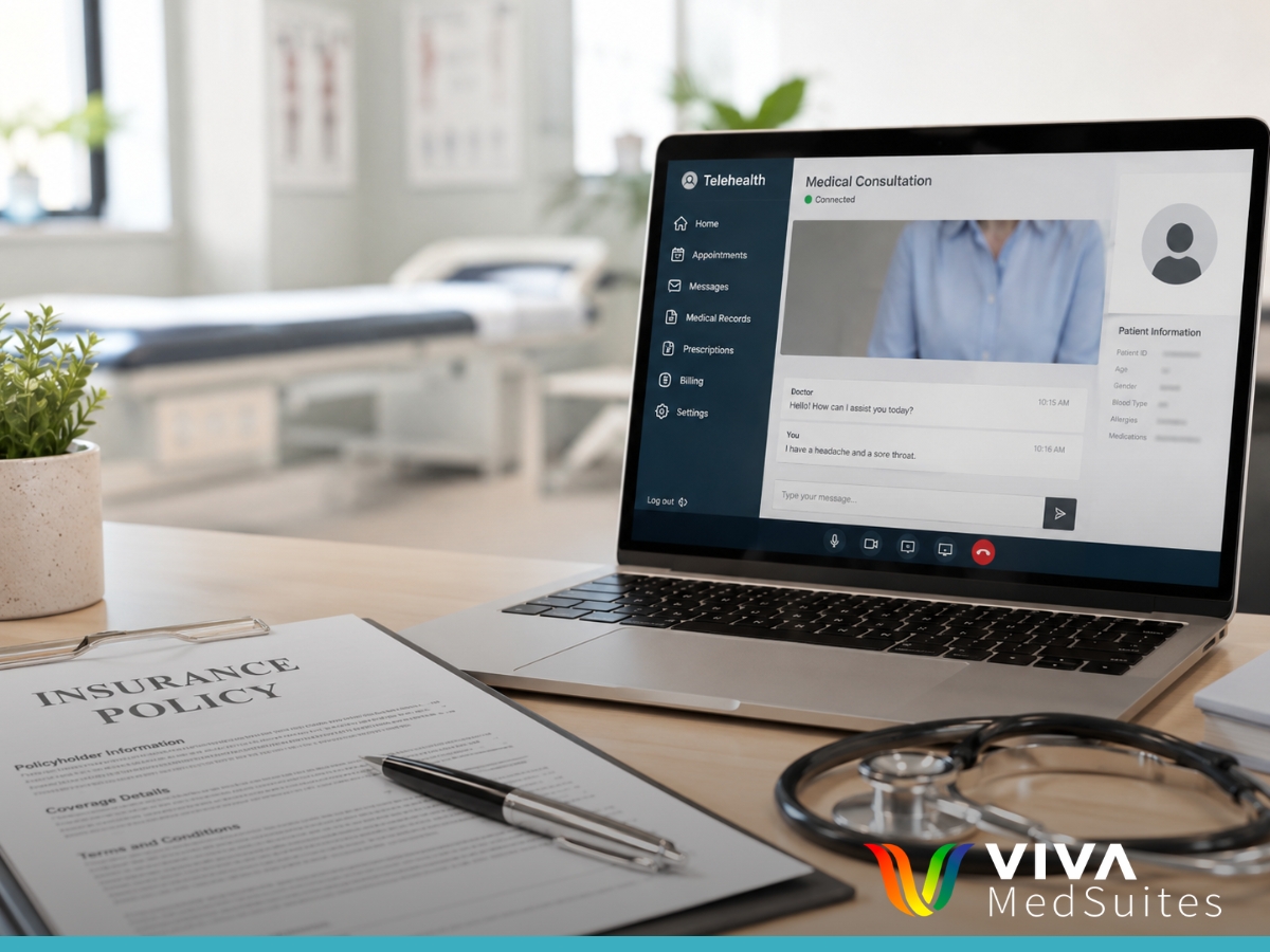 Telehealth provider reviewing malpractice insurance policy documents at a medical office desk
