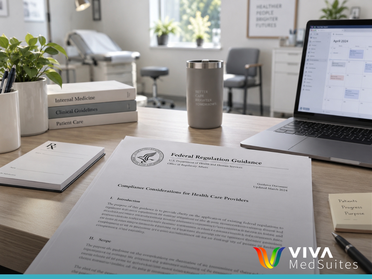 Prescription pad and regulatory document on a medical office desk representing DEA telemedicine rules
