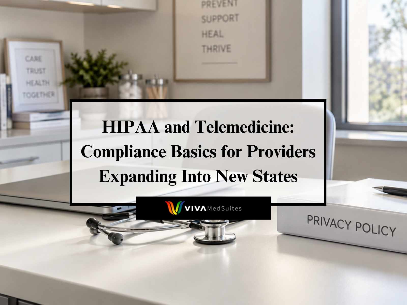 Compliance binder and laptop on a bright medical office desk for telemedicine HIPAA