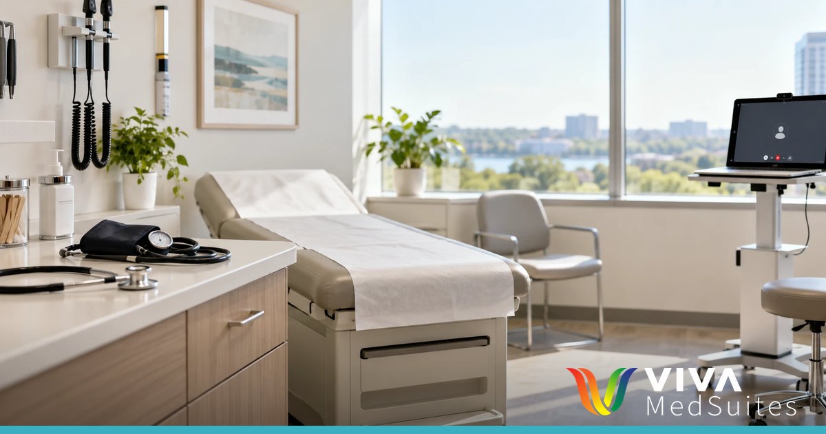 Bright medical exam room with laptop for hybrid telemedicine and in-person visits in Arizona