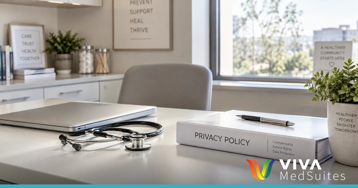 Compliance binder and laptop on a bright medical office desk for telemedicine HIPAA