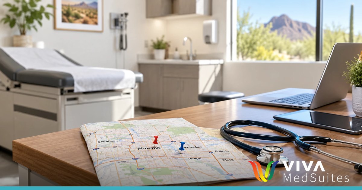 Bright medical exam room with a Phoenix area map and stethoscope on a desk
