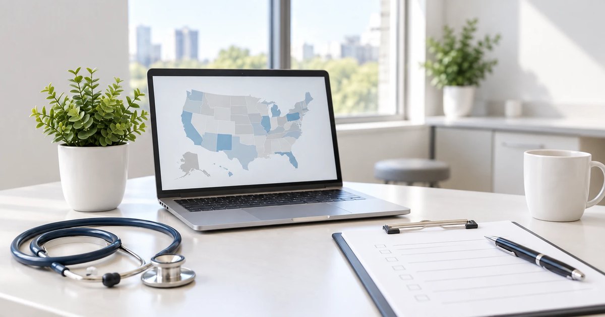 Laptop with state map and compliance checklist on a bright medical office desk